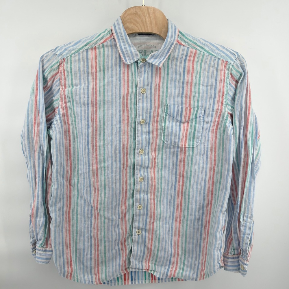 Tommy Bahama Relax Button Up Mens XL Blue White Red Green Striped Linen Shirt